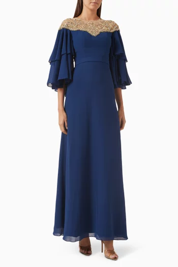 Embroidered Neckline Maxi Dress in Chiffon