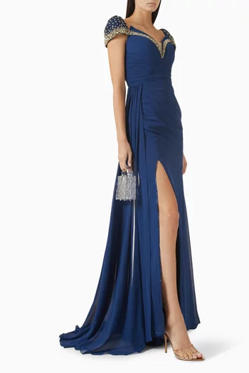 Embellished Off-shoulder Gown in Crepe