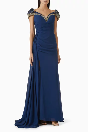 Embellished Off-shoulder Gown in Crepe