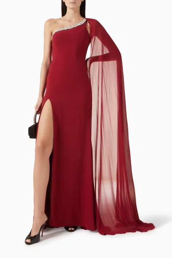 فستان سهرة بكتف مكشوف وتطريزات كريب