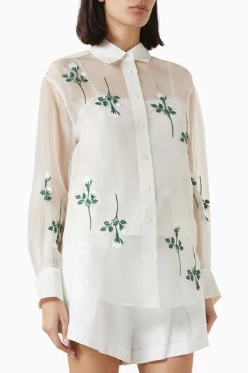 Rosebud-embroidery Overshirt in Silk