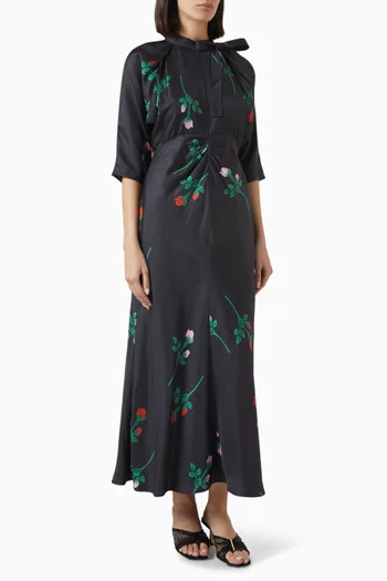 Rosebud Tie-neck Midi Dress in Silk