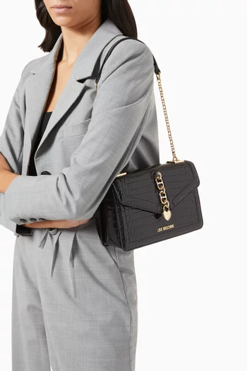 Small Chain Shoulder Bag in Croc-embossed Faux Leather