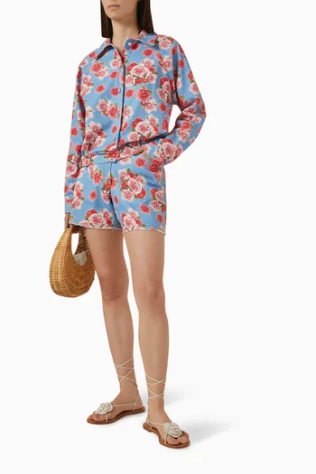 Rose Printed Shorts in Denim