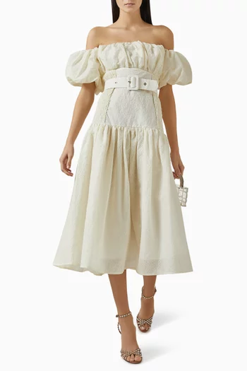 Off-shoulder Belted Dress in Cotton