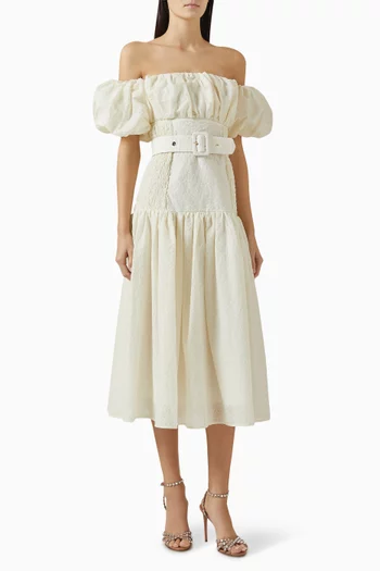Off-shoulder Belted Dress in Cotton
