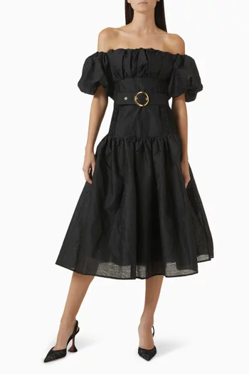 Off-shoulder Belted Midi Dress