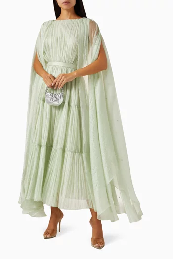 Pleated Cape-sleeve Maxi Dress