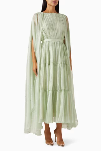 Pleated Cape-sleeve Maxi Dress