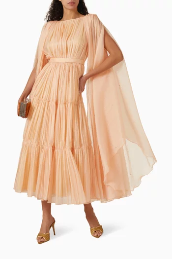 Pleated Cape-sleeve Maxi Dress