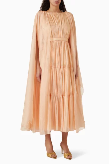 Pleated Cape-sleeve Maxi Dress