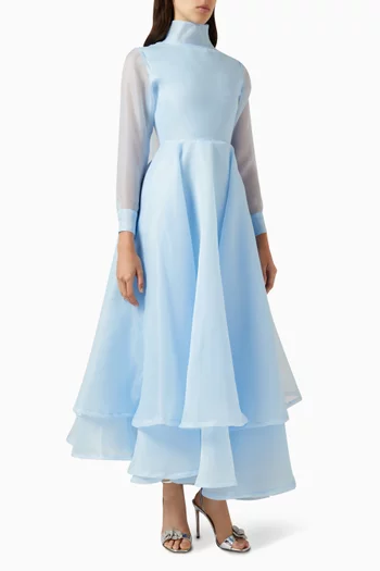 High Collar Tiered Gown in Organza