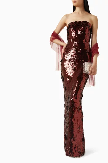 فستان سهرة بلا حمالات بتطريزات بالترتر