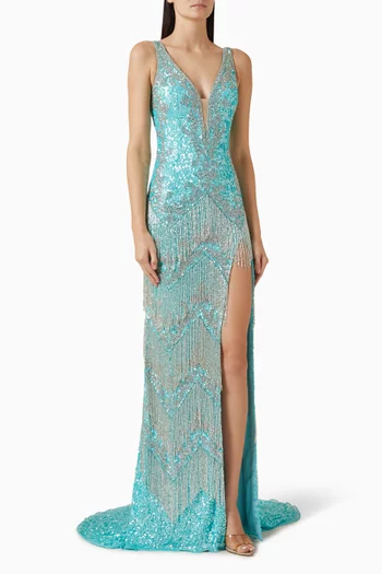 Bead-fringe Slit Gown