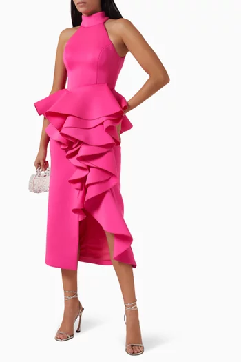 Sleeveless Ruffled Midi Dress in Scuba-fabric