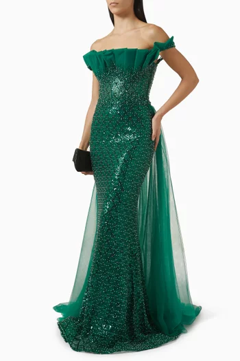 Bead-embellished Off-shoulder Gown