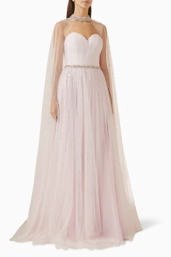 Bead-embellished Cape Gown in Tulle