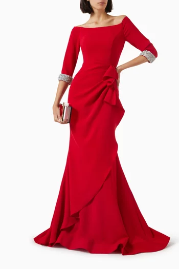 Rhinestone Off-shoulder Gown in Crepe