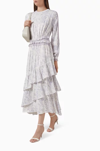 فستان متوسط الطول بأشرطة كشكش مزيج فيسكوز