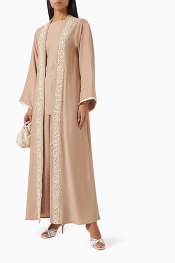 4-piece Embroidered Abaya Set in Linen