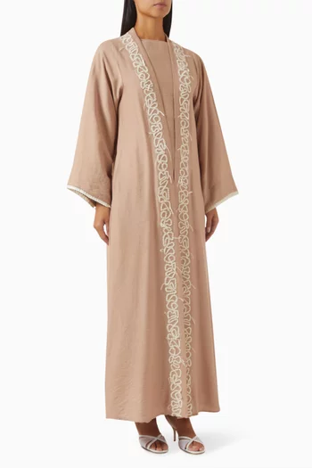 4-piece Embroidered Abaya Set in Linen