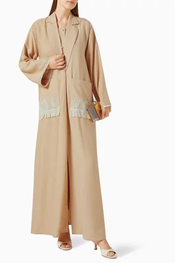 4-piece Embroidered Abaya Set in Linen