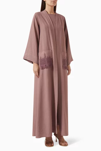 4-piece Embroidered Abaya Set in Linen