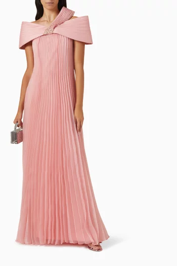 Off-shoulder Pleated Gown in Crepe & Organza