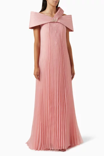 Off-shoulder Pleated Gown in Crepe & Organza