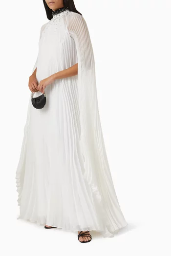 Embellished Cape-sleeve Gown in Crepe & Organza