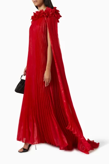 Flower-appliqué Cape-sleeve Gown in Crepe
