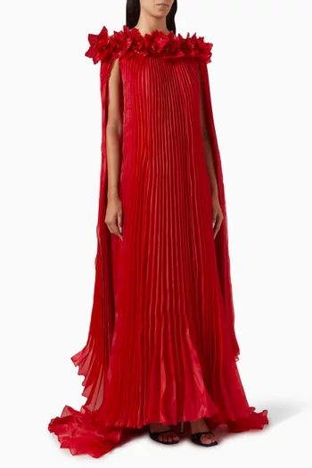 Flower-appliqué Cape-sleeve Gown in Crepe