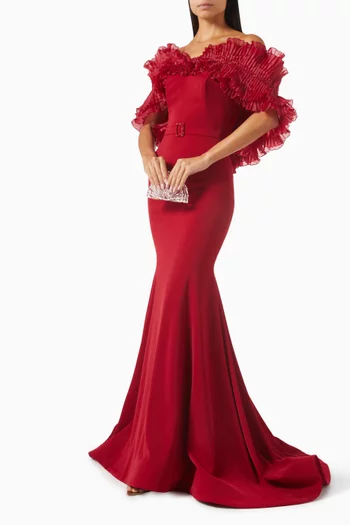 Off-shoulder Ruffle Gown in Stretch Crepe