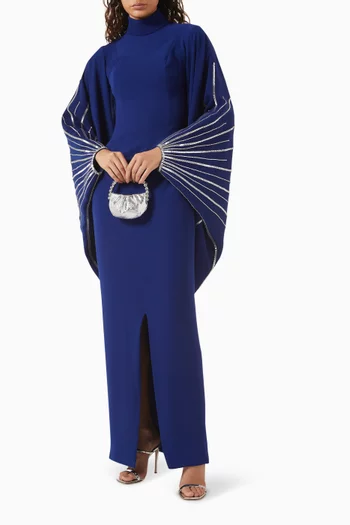 Embellished Cape-sleeve Gown in Stretch Crepe