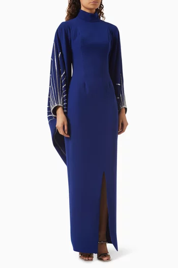 Embellished Cape-sleeve Gown in Stretch Crepe