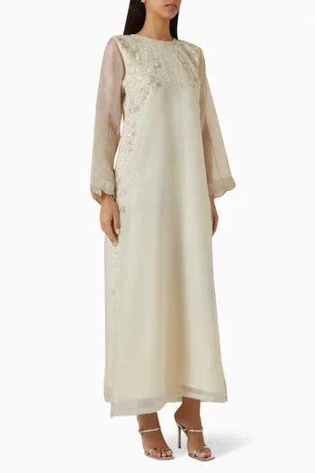 Bead-embellished Kaftan in Mesh & Crepe