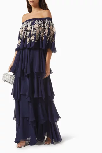 Crystal-embellished Tiered Dress in Georgette