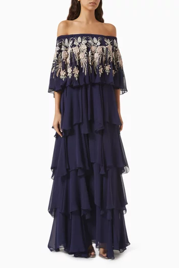 Crystal-embellished Tiered Dress in Georgette