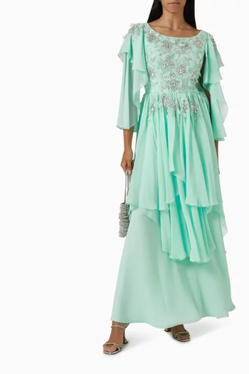 Bead-embellished Asymmetric Tiered Dress in Georgette