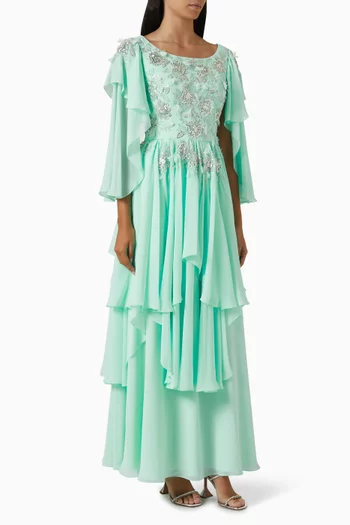 Bead-embellished Asymmetric Tiered Dress in Georgette