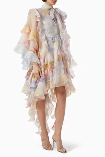 Crush Spliced Ruffle Dress in Linen Blend