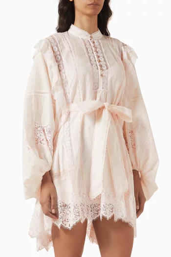 Belted Billow Mini Dress in Ramie