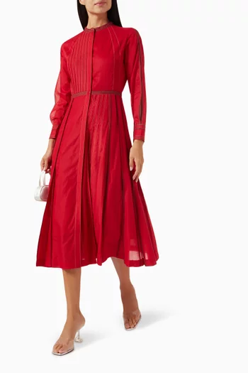 Side Slit Pleated Shirt Midi Dress in Cotton