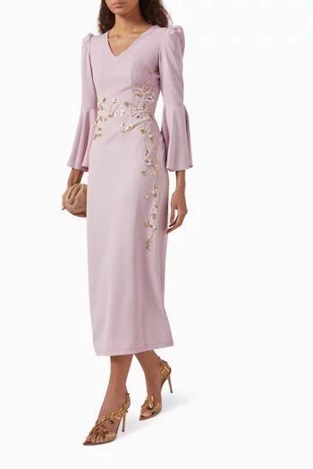 فستان متوسط الطول مطرز بزهور