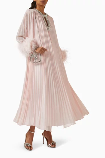 فستان متوسط الطول مزين بالريش شيفون