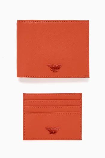 Logo Bifold Wallet & Card Holder Gift Set in Saffiano Leather
