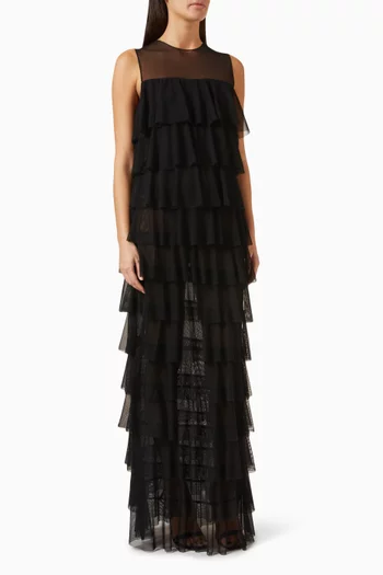 Sleeveless Tiered Ruffle Gown in Mesh