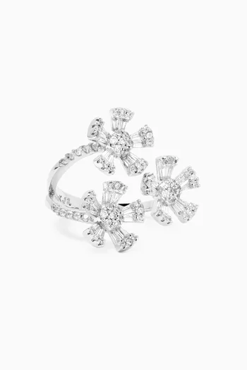 Flower Trio Baguette Ring in Rhodium-plated Brass