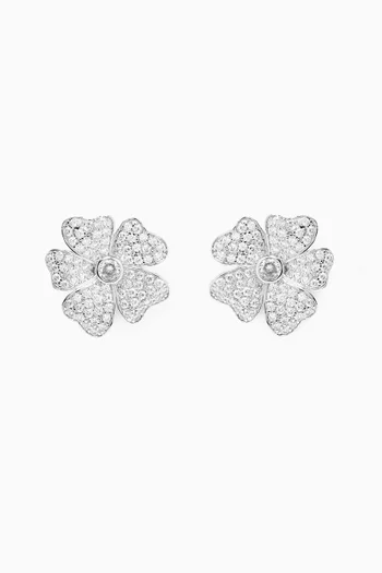 3D Pave Flower Earrings in Rhodium-plated Brass