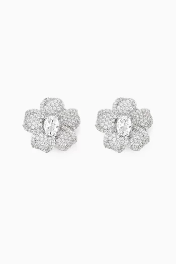 Flower Pave Earrings in Rhodium-plated Brass